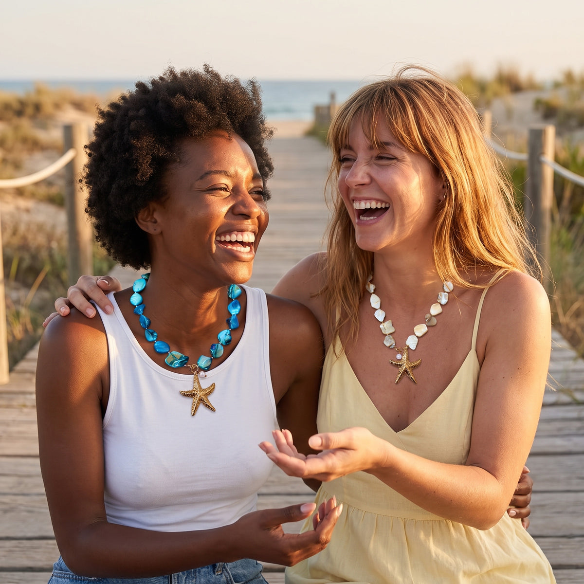 Best friends wearing the Lagoon Starfish and Sand Starfish necklaces