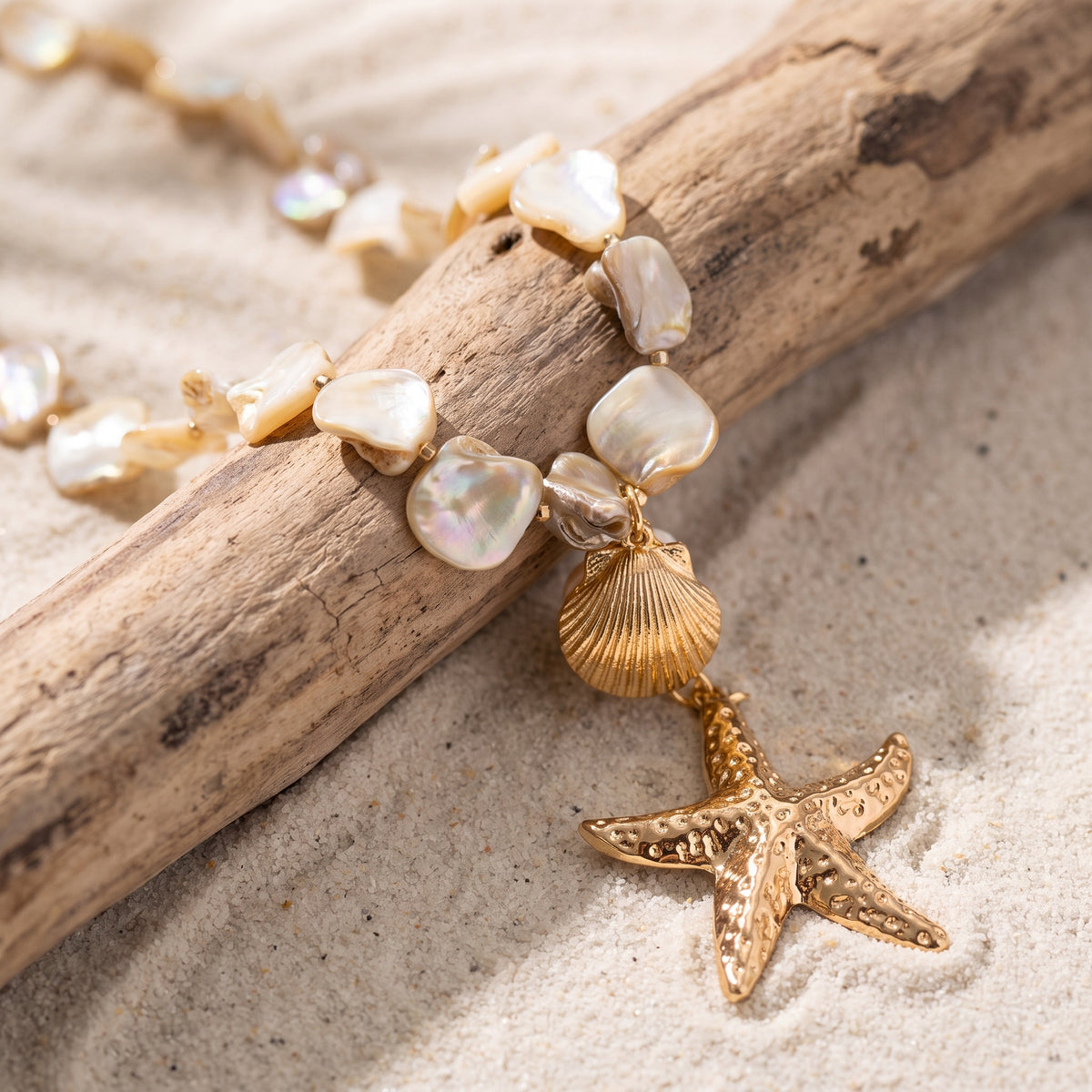 Close-up of the Sand Cascade shells and golden starfish