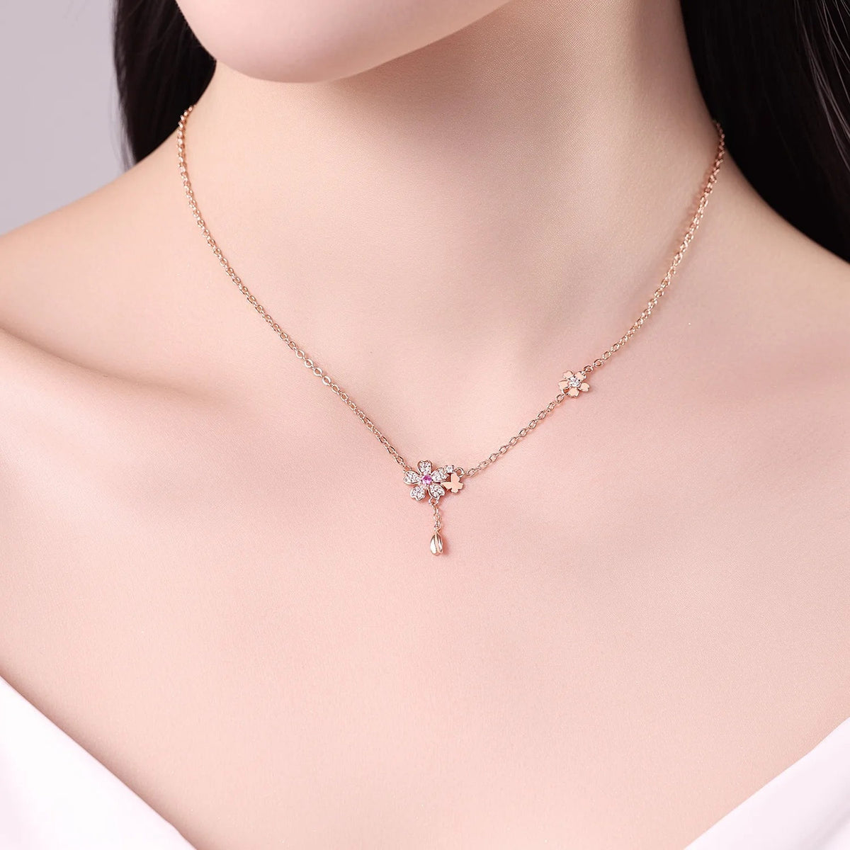 The Pink Blossom necklace shown at its true size