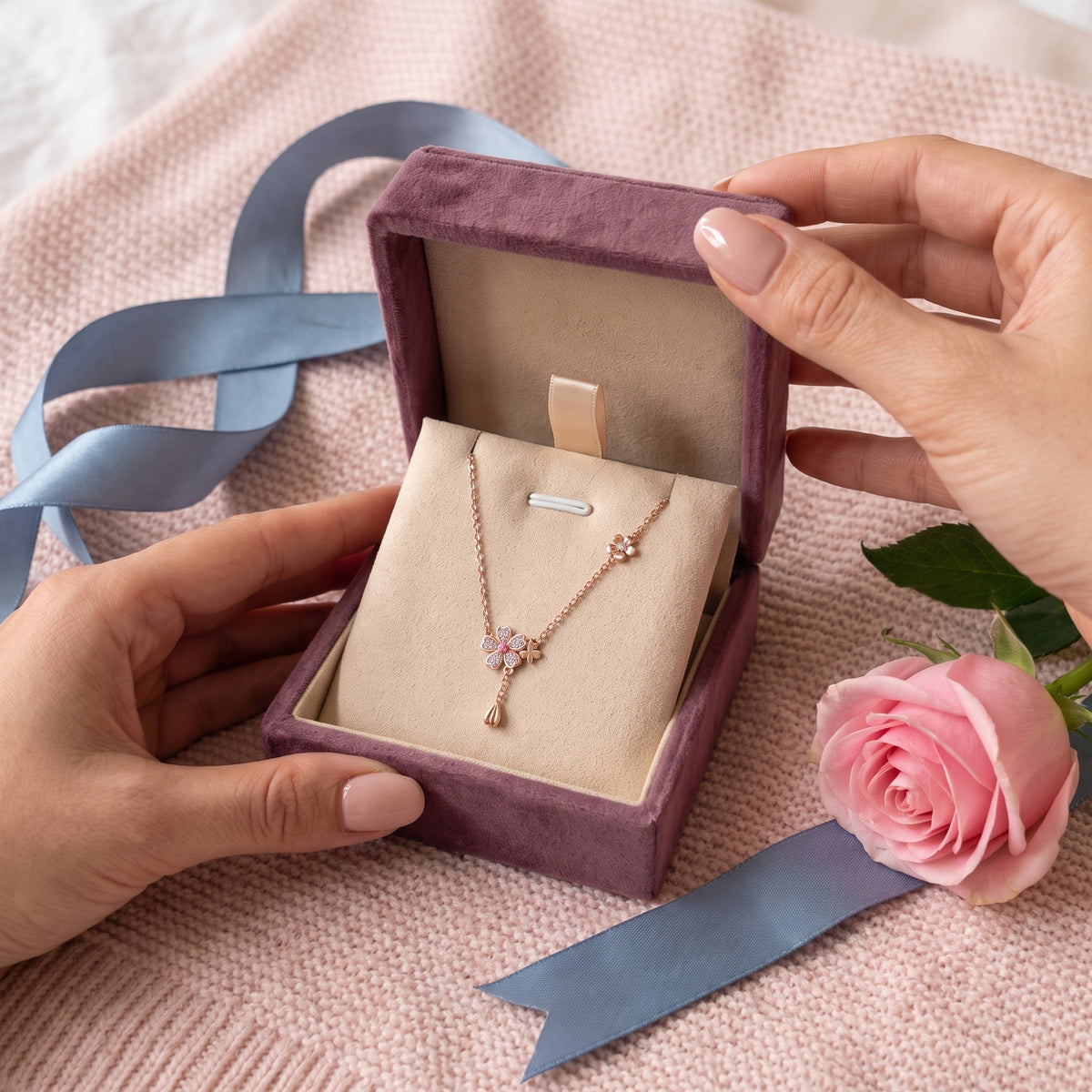 Hands opening the Storyelle gift box with the Pink Blossom necklace