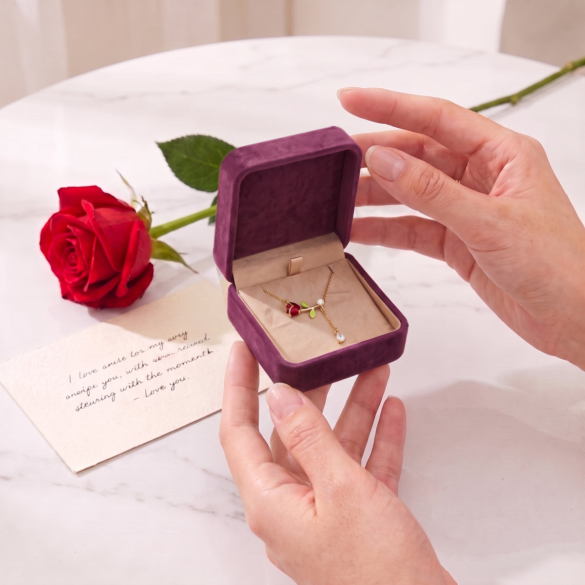 Hands opening the Storyelle plum velvet gift box with the Pearl Rose necklace