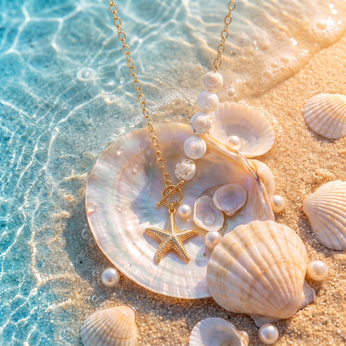 The “Ariel” Golden Tide Necklace resting on pearly seashells in shallow turquoise water
