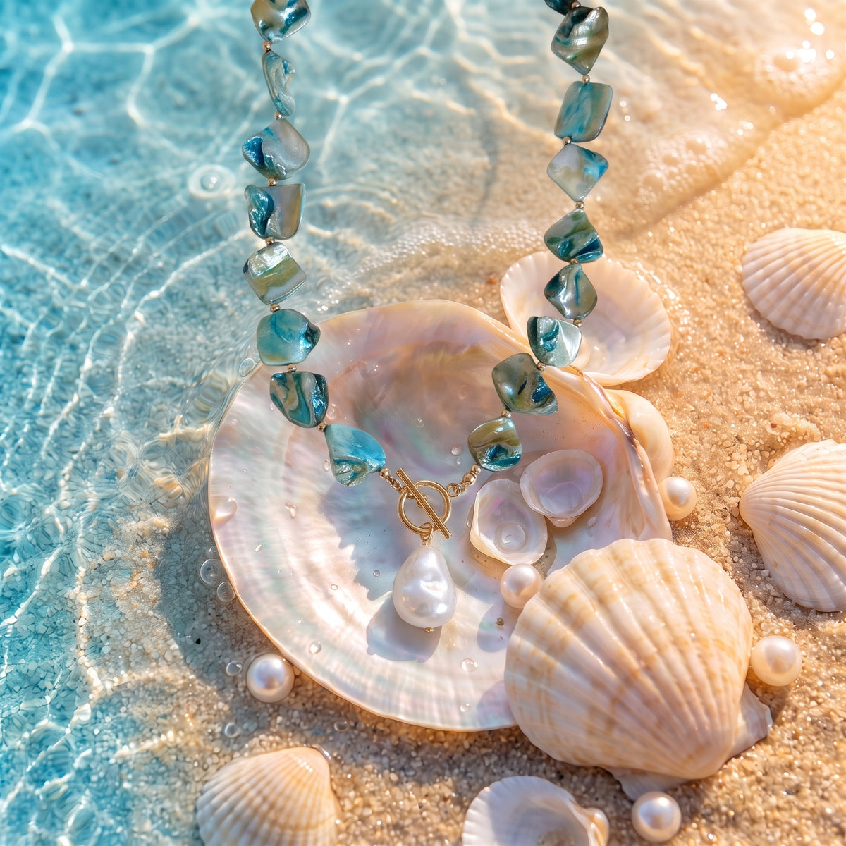 The “Ariel” Lagoon Pearl Necklace resting on pearly seashells in shallow turquoise water
