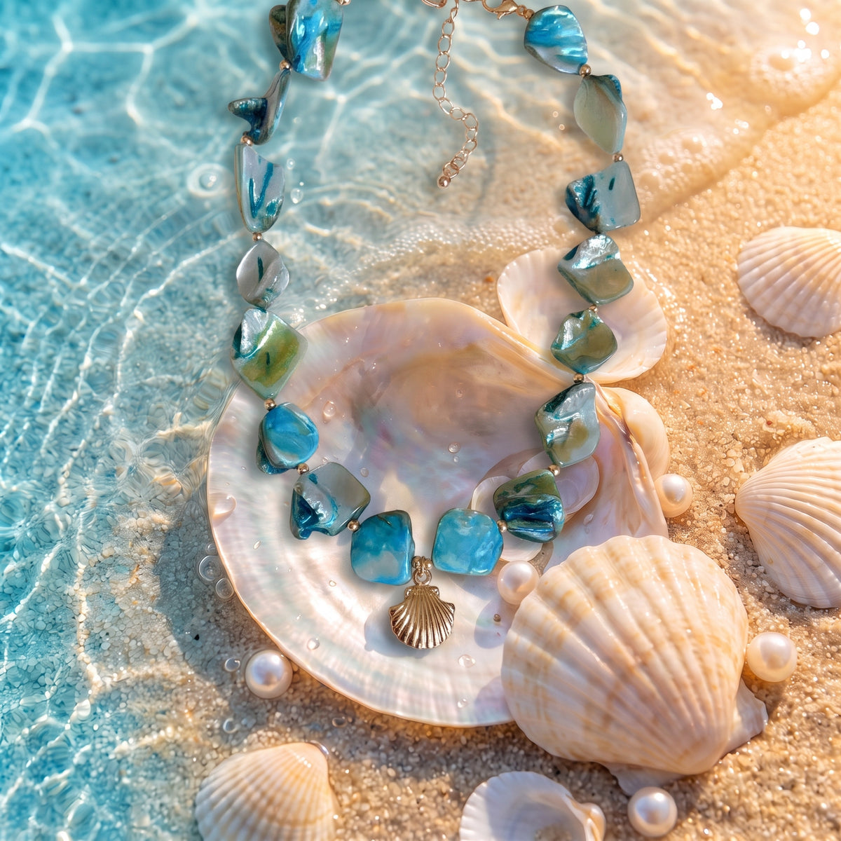 The “Ariel” Lagoon Shell Necklace resting on pearly seashells in shallow turquoise water