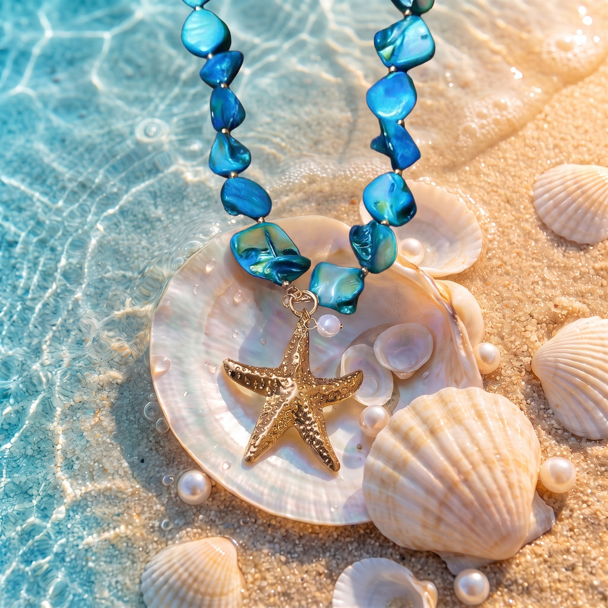 The “Ariel” Lagoon Starfish Necklace resting on pearly seashells in shallow turquoise water