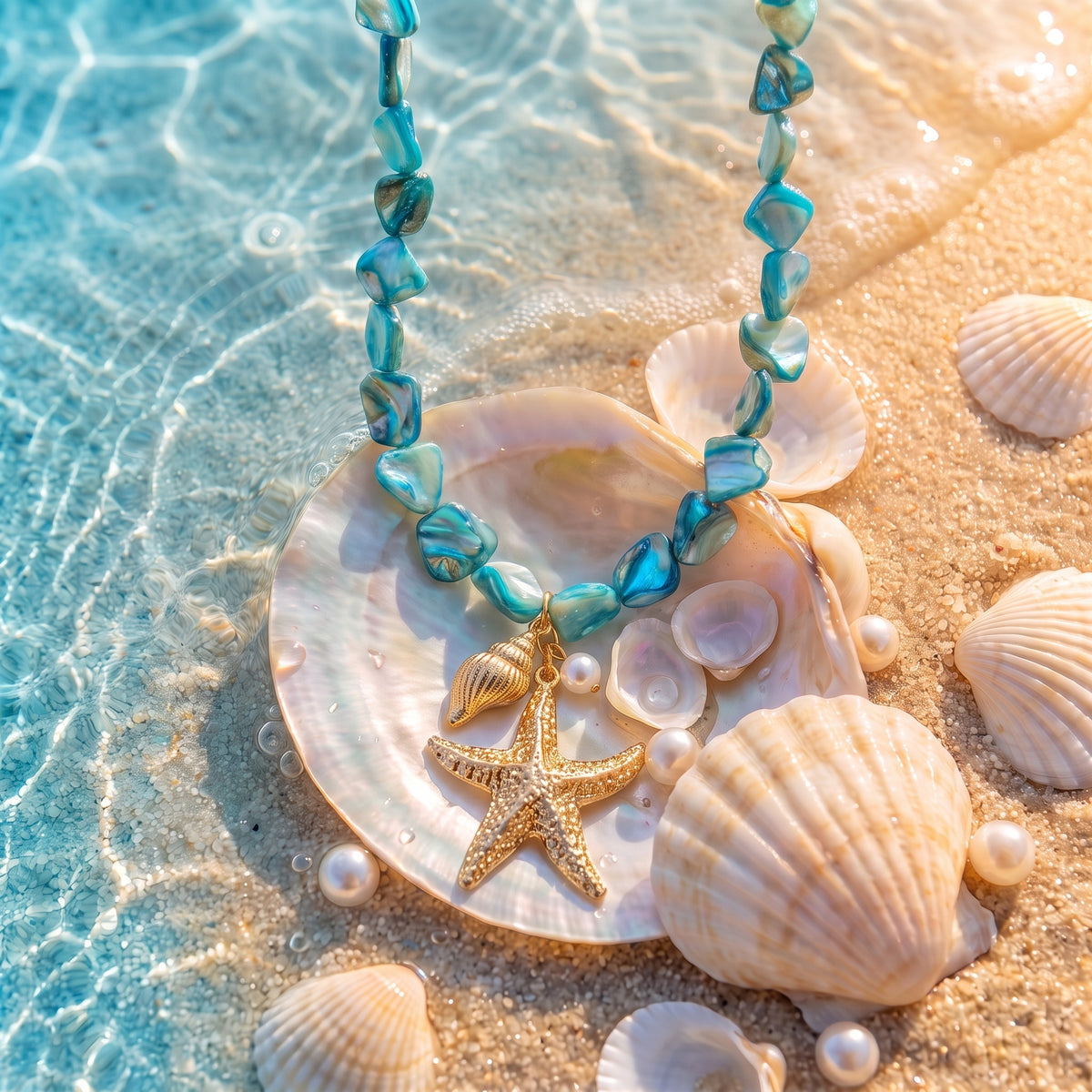 The “Ariel” Lagoon Treasure Necklace resting on pearly seashells in shallow turquoise water
