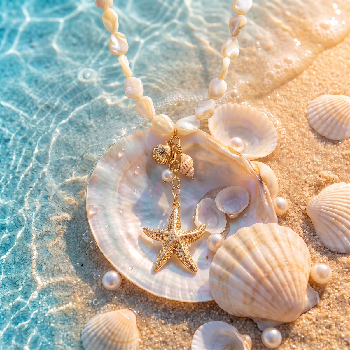 The “Ariel” Sand Cascade Necklace resting on pearly seashells in shallow turquoise water
