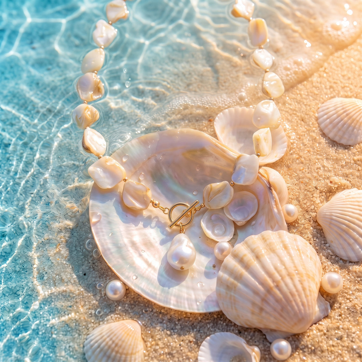 The “Ariel” Sand Pearl Necklace resting on pearly seashells in shallow turquoise water