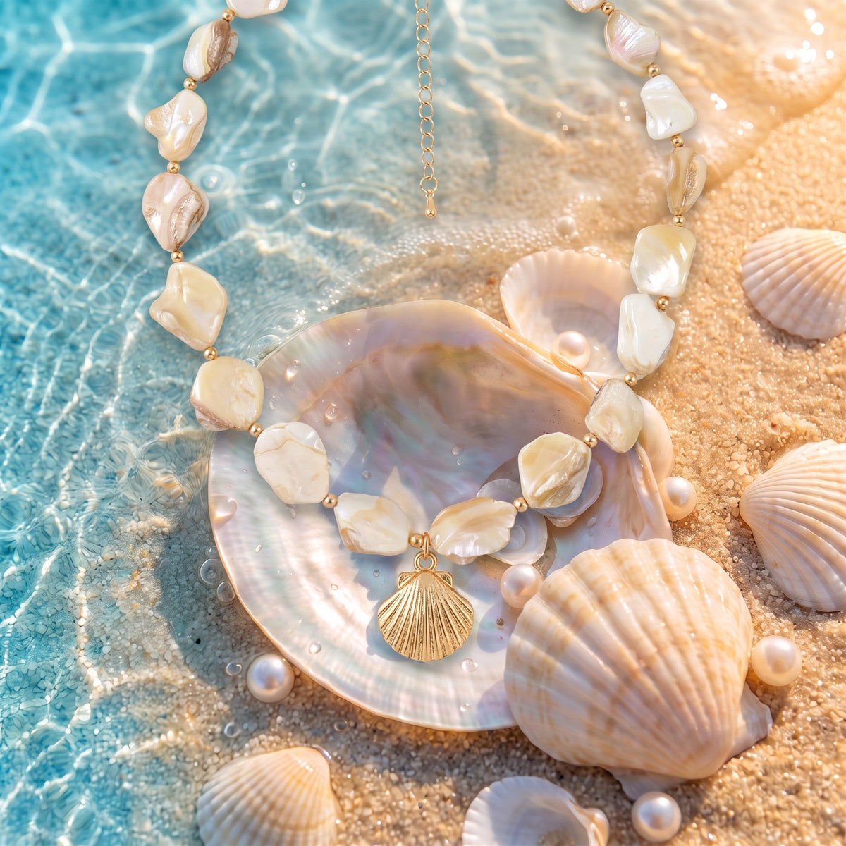 The “Ariel” Sand Shell Necklace resting on pearly seashells in shallow turquoise water