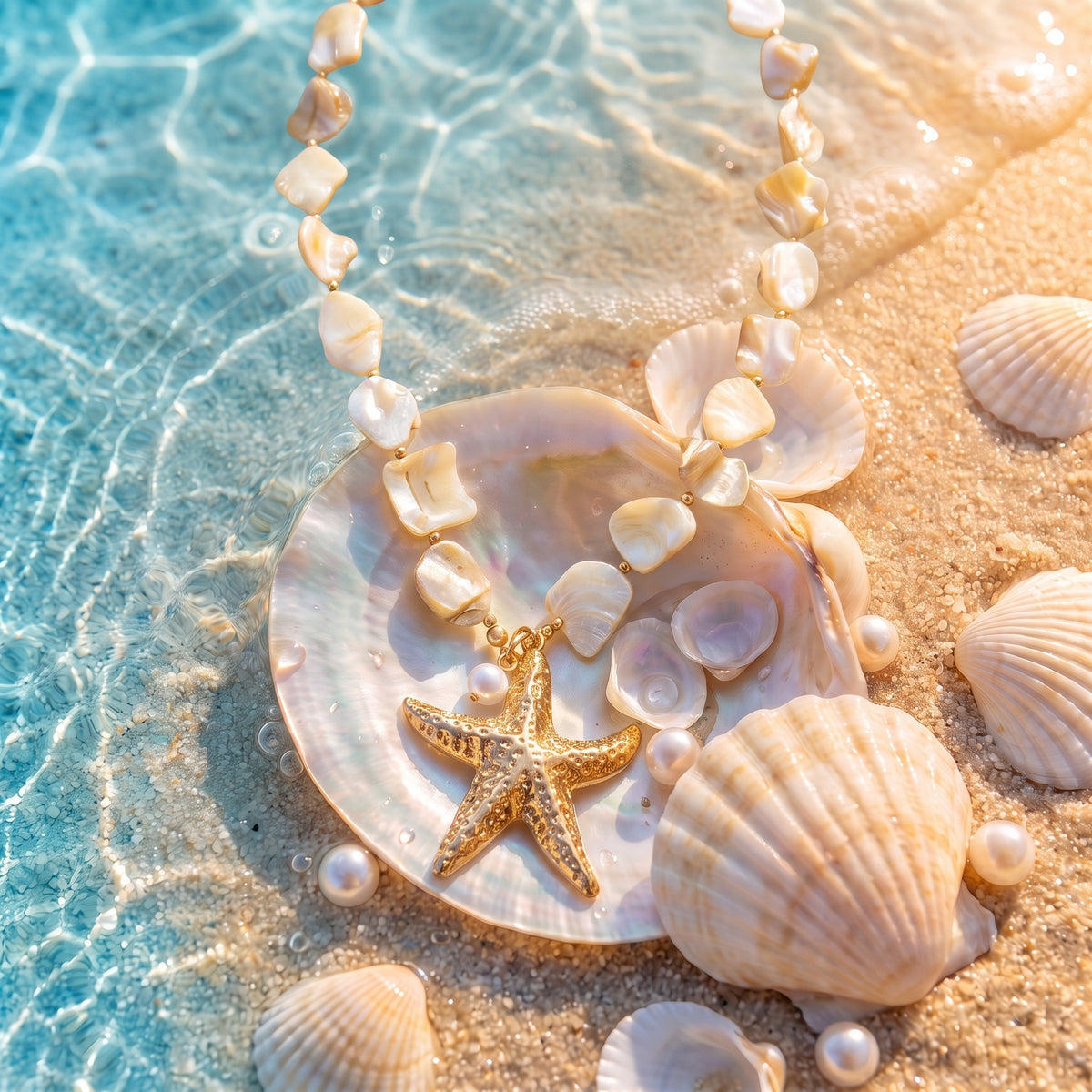 The “Ariel” Sand Starfish Necklace resting on pearly seashells in shallow turquoise water