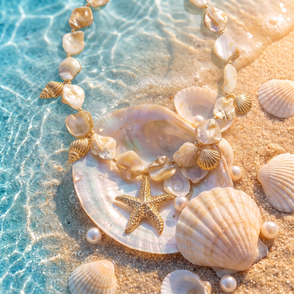 The “Ariel” Sand Treasure Necklace resting on pearly seashells in shallow turquoise water