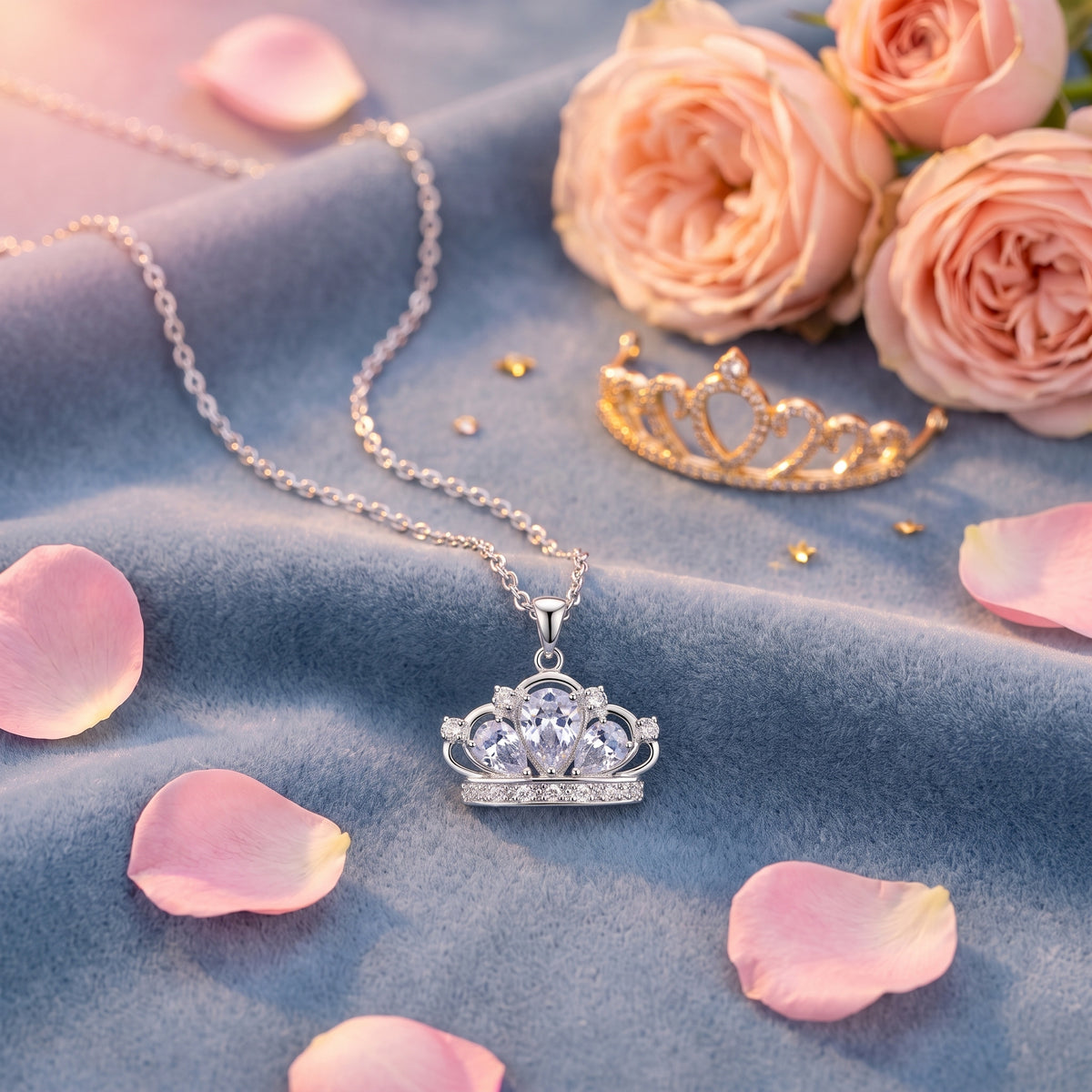 The “Aurora” Crystal Crown Necklace on soft velvet with pink roses
