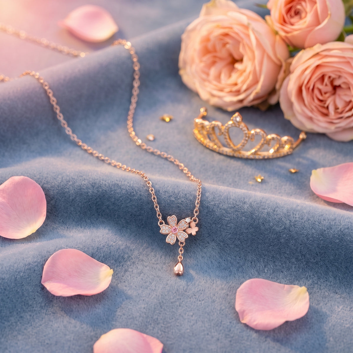 The “Aurora” Pink Blossom Necklace on soft velvet with pink roses