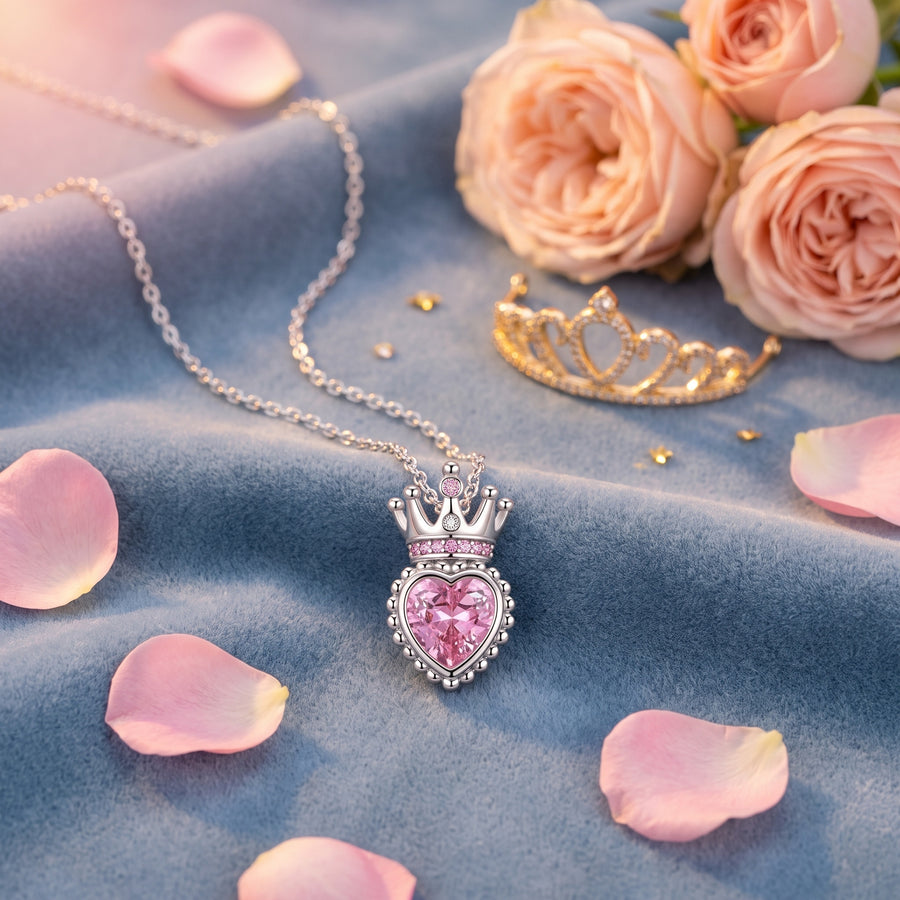 The “Aurora” Rose Crown Necklace on soft velvet with pink roses