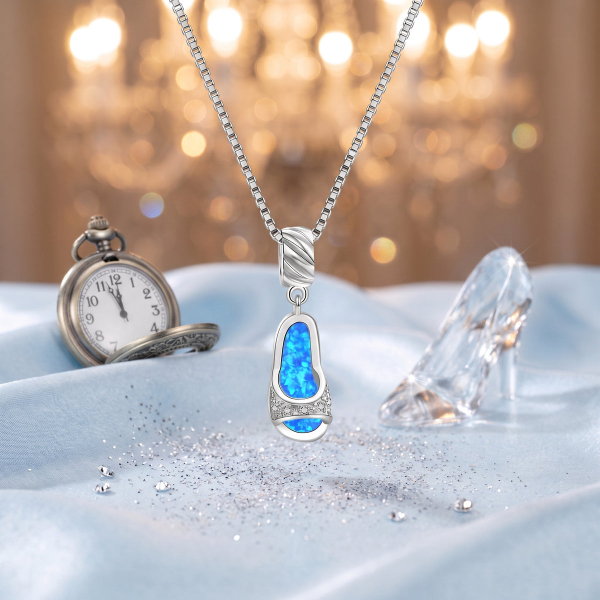 The “Cinderella” Midnight Opal Necklace on ice-blue satin with a glass slipper and a pocket watch
