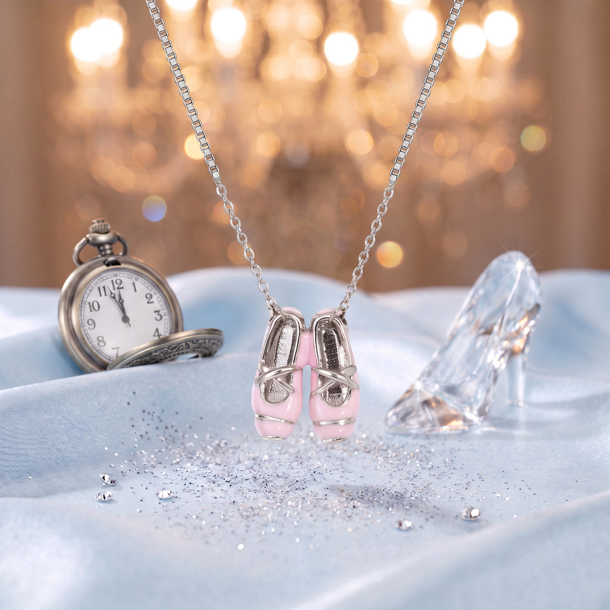 The “Cinderella” Pink Ballet Silver Necklace on ice-blue satin with a glass slipper and a pocket watch