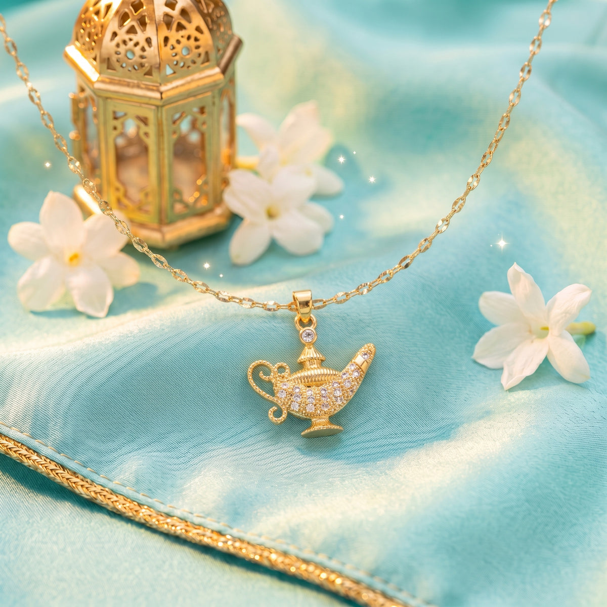 The “Jasmine” Starlight Lamp Necklace on turquoise silk with a golden palace lantern