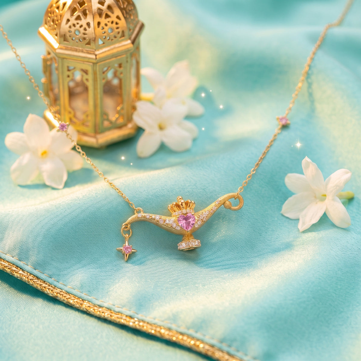 The “Jasmine” Wish Lamp Necklace on turquoise silk with a golden palace lantern