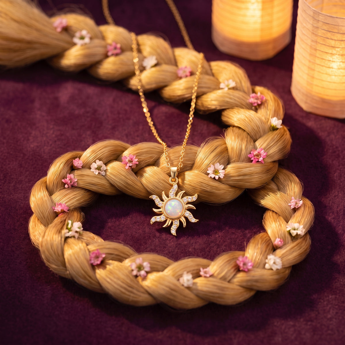 The “Rapunzel” Sun Drop Necklace in Moonlight Opal resting on a golden flower braid