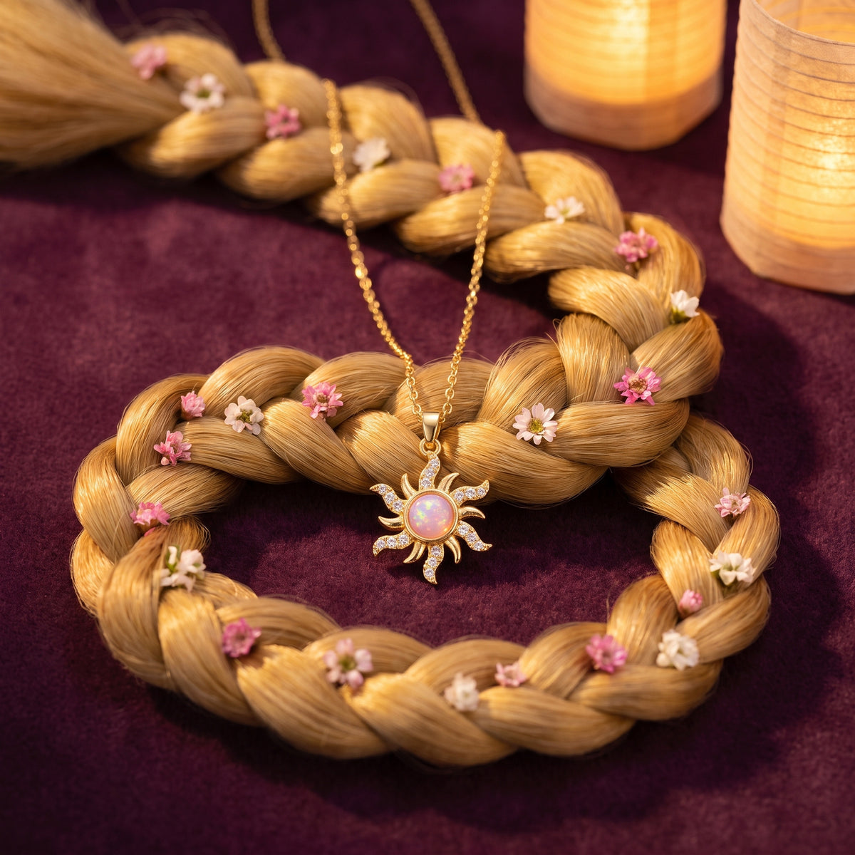 The “Rapunzel” Sun Drop Necklace in Rose Opal resting on a golden flower braid