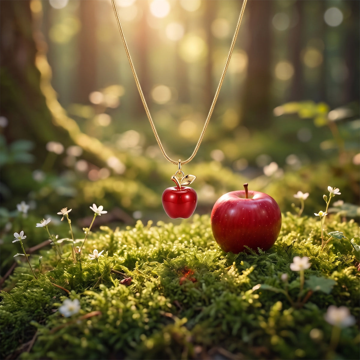 The “Snow White” Candy Apple Necklace on forest moss beside a red apple