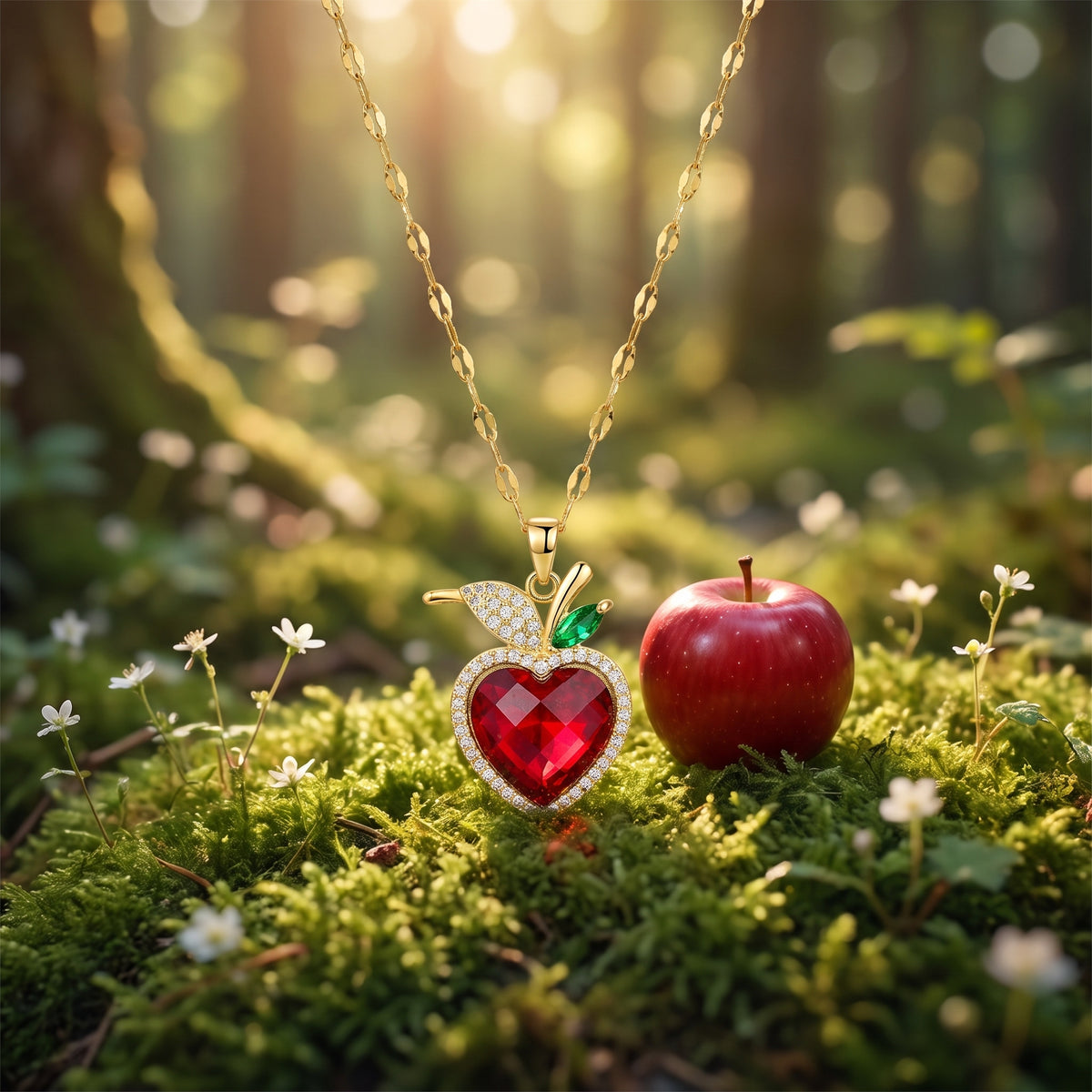 The “Snow White” Crimson Heart Necklace on forest moss beside a red apple