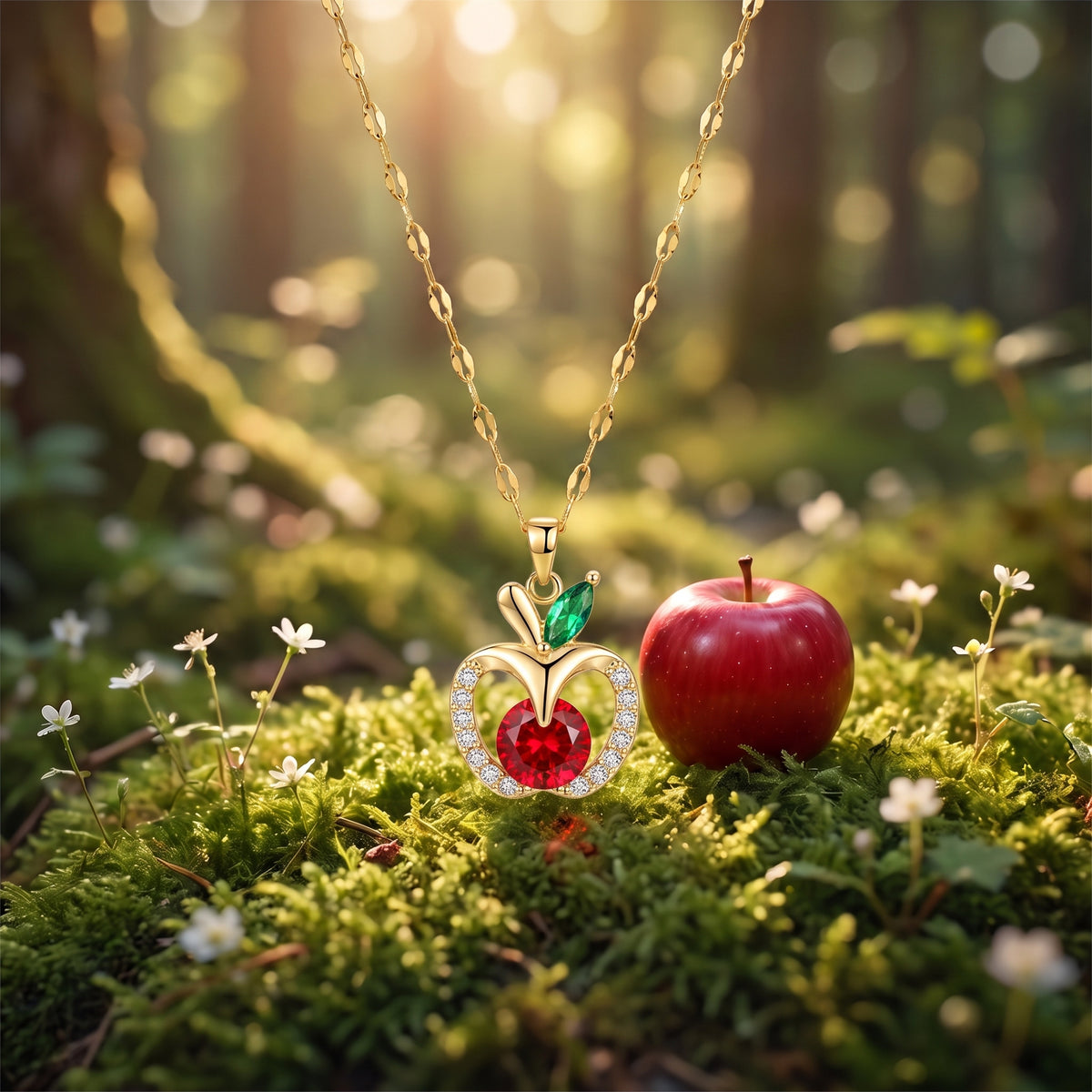 The “Snow White” Golden Apple Necklace on forest moss beside a red apple