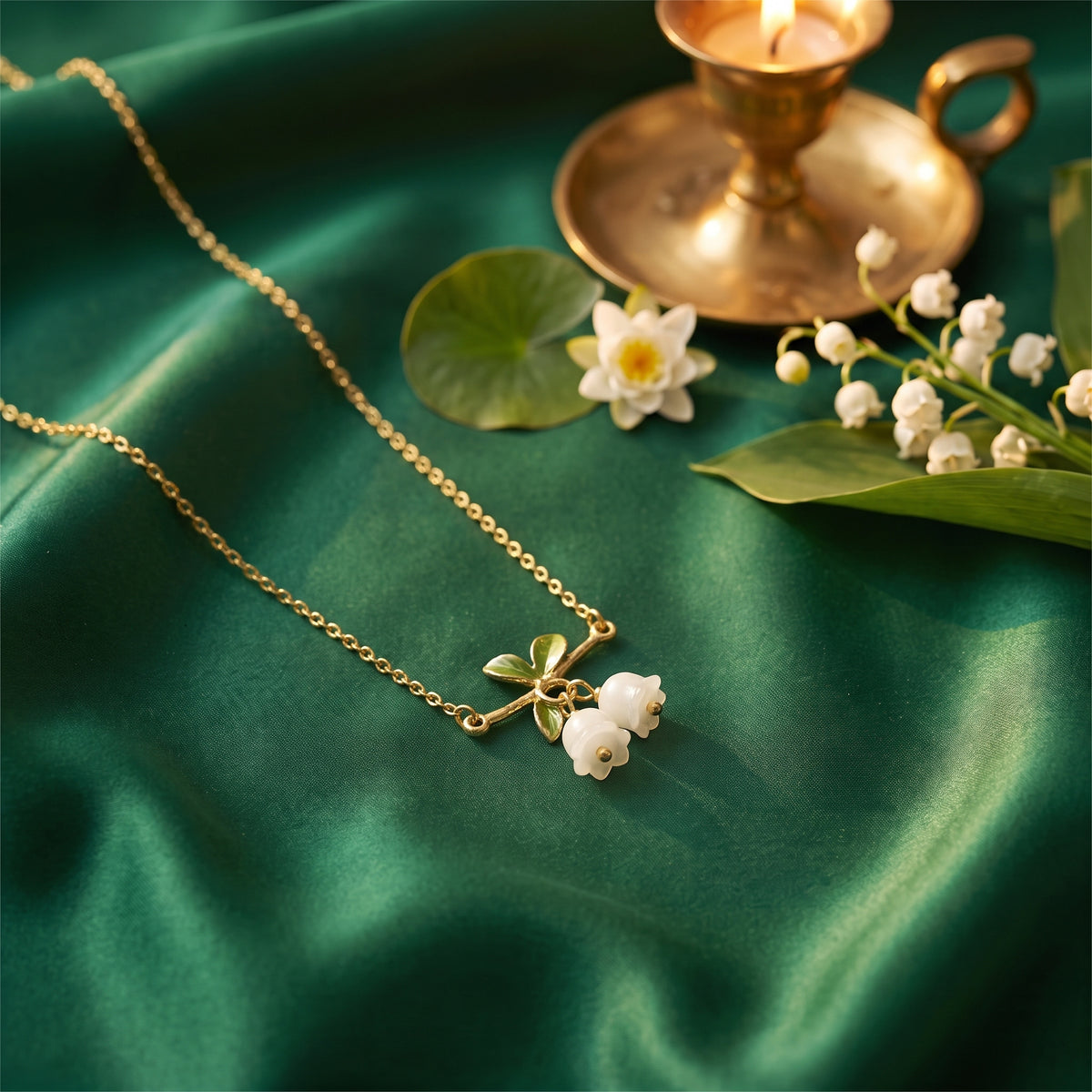 The “Tiana” Golden Lily Necklace on emerald satin with lily of the valley, a water lily and golden candlelight