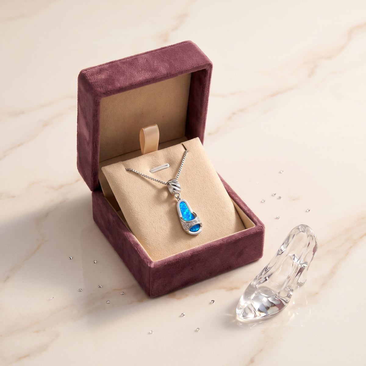 The Midnight Opal necklace in the Storyelle plum velvet gift box
