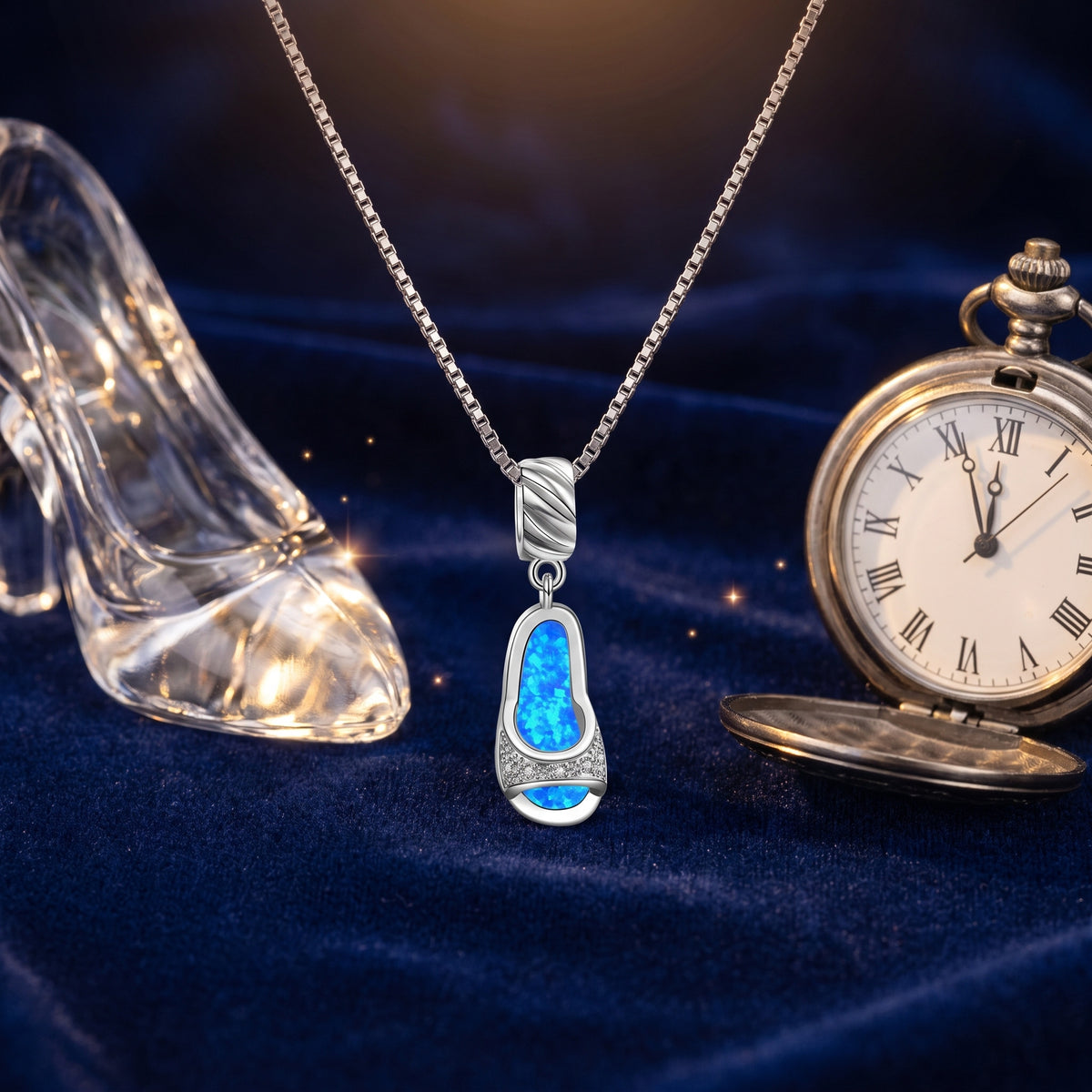 The Midnight Opal necklace on midnight-blue velvet with a glass slipper and a pocket watch at midnight