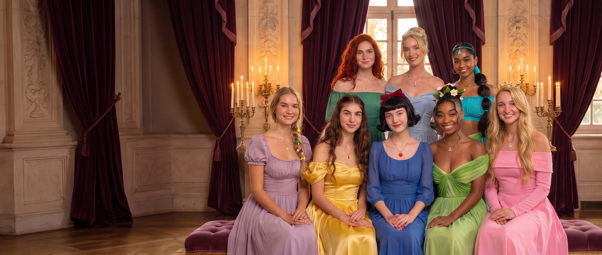 The eight Storyelle princesses together in a palace hall, each wearing her necklace