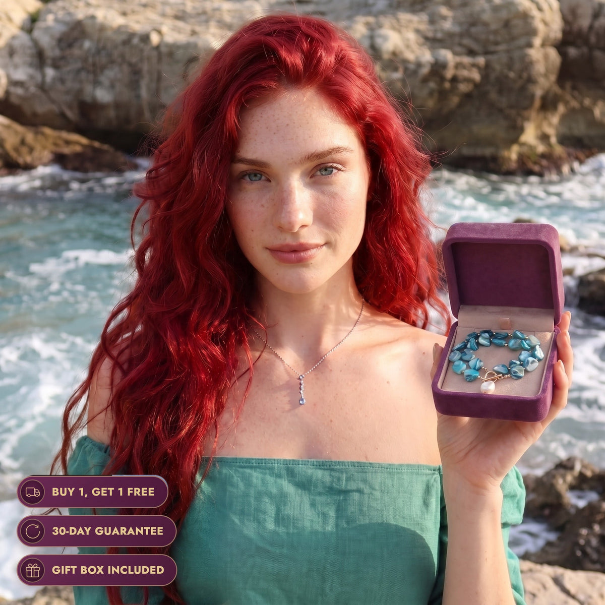 Real life Ariel by the sea holding the Storyelle gift box and wearing the Ocean Tear necklace, buy 1 get 1 free, 30-day guarantee, gift box included