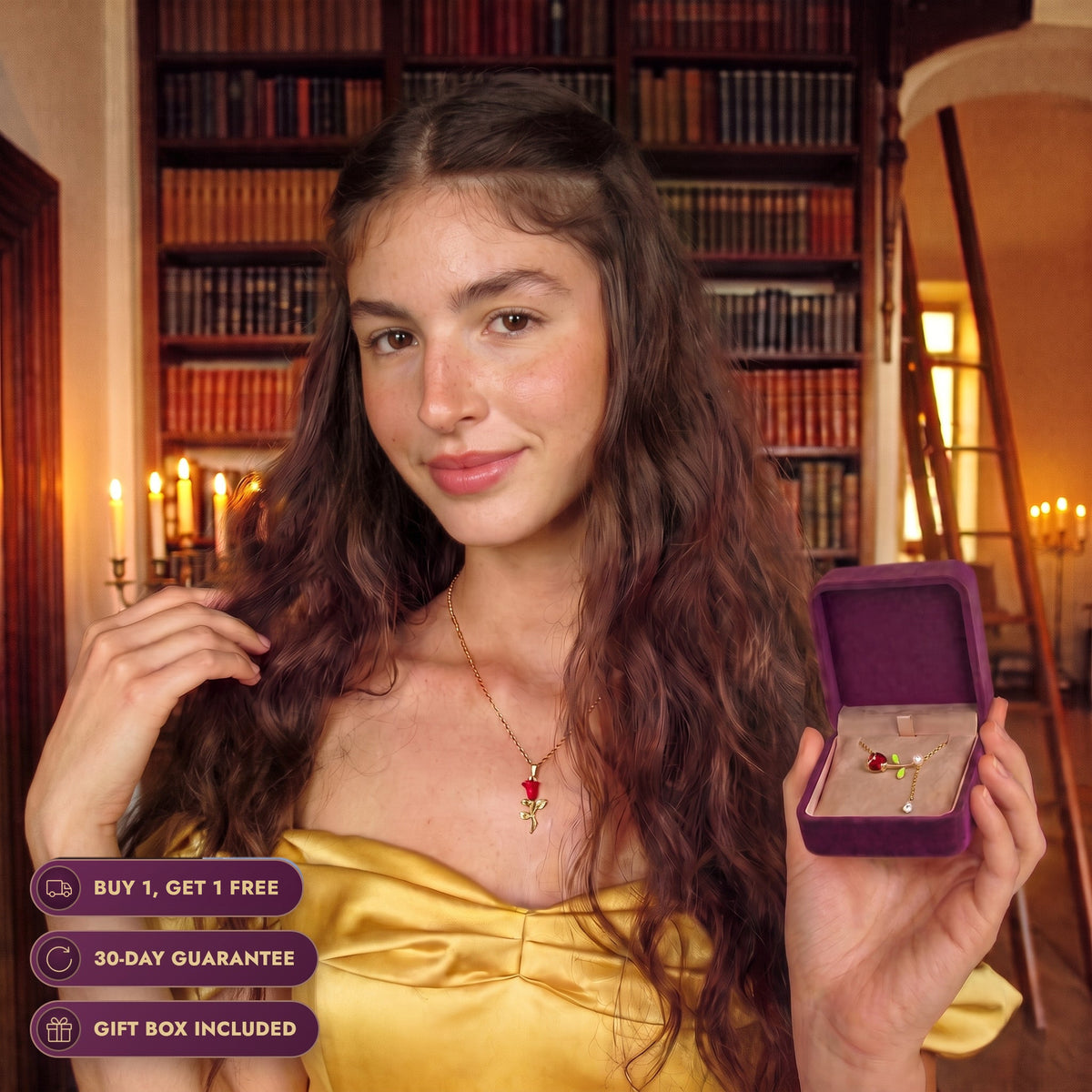 Real life Belle in a grand library wearing the Enchanted Rose necklace and holding the Pearl Rose in the Storyelle gift box, buy 1 get 1 free, 30-day guarantee, gift box included