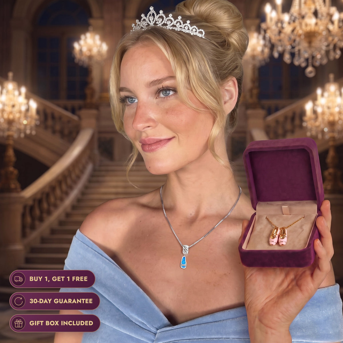 Real life Cinderella on a palace staircase holding the Storyelle gift box and wearing the Midnight Opal necklace, buy 1 get 1 free, 30-day guarantee, gift box included