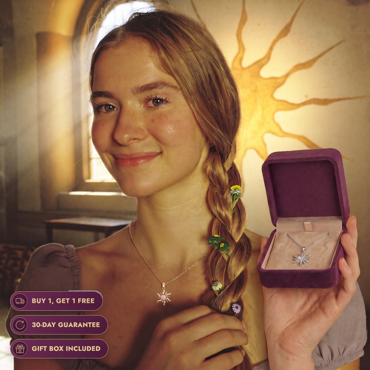 Real life Rapunzel in her tower holding the Storyelle gift box and wearing the Rose Opal sun necklace, buy 1 get 1 free, 30-day guarantee, gift box included