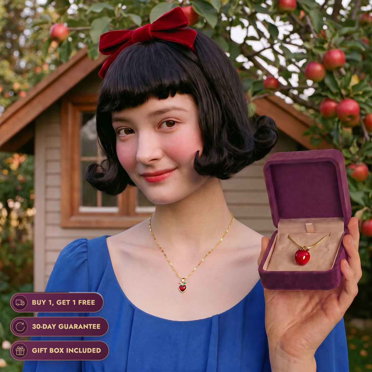 Real life Snow White by a cottage with an apple tree, holding the Storyelle gift box and wearing the Crimson Heart necklace, buy 1 get 1 free, 30-day guarantee, gift box included