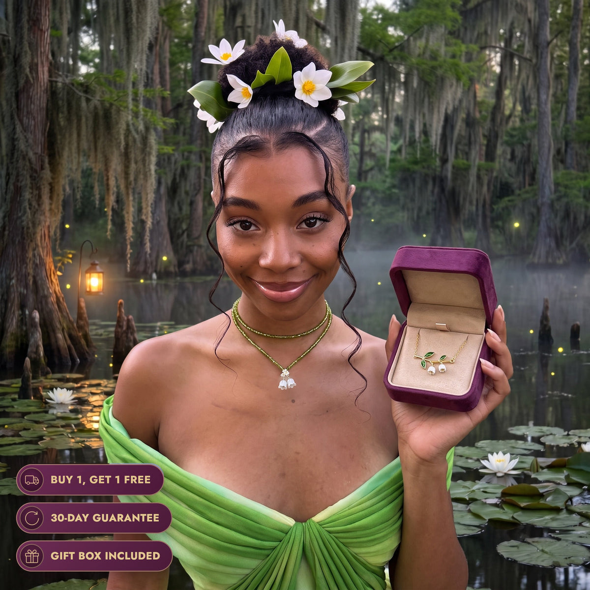 Real life Tiana in a lily garden at dusk, holding the Storyelle gift box and wearing the Emerald Lily necklace, buy 1 get 1 free, 30-day guarantee, gift box included