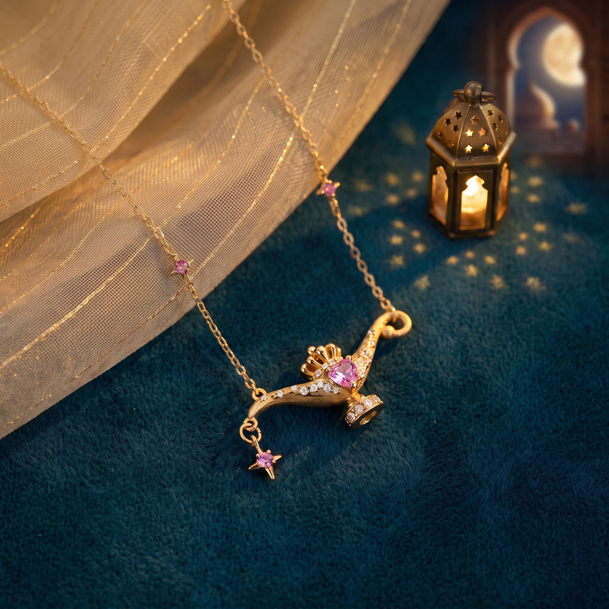 The Wish Lamp necklace on teal velvet with a brass lantern