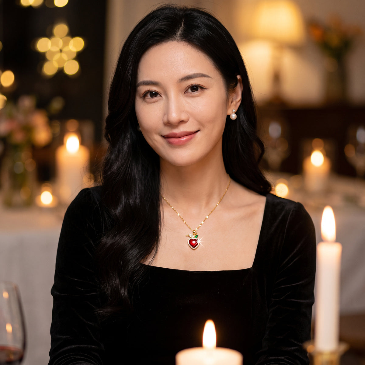 Woman in a black velvet dress wearing the Crimson Heart necklace