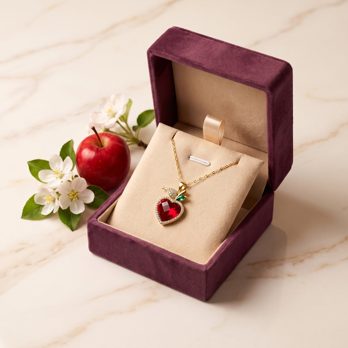 The Crimson Heart necklace in the Storyelle plum velvet gift box
