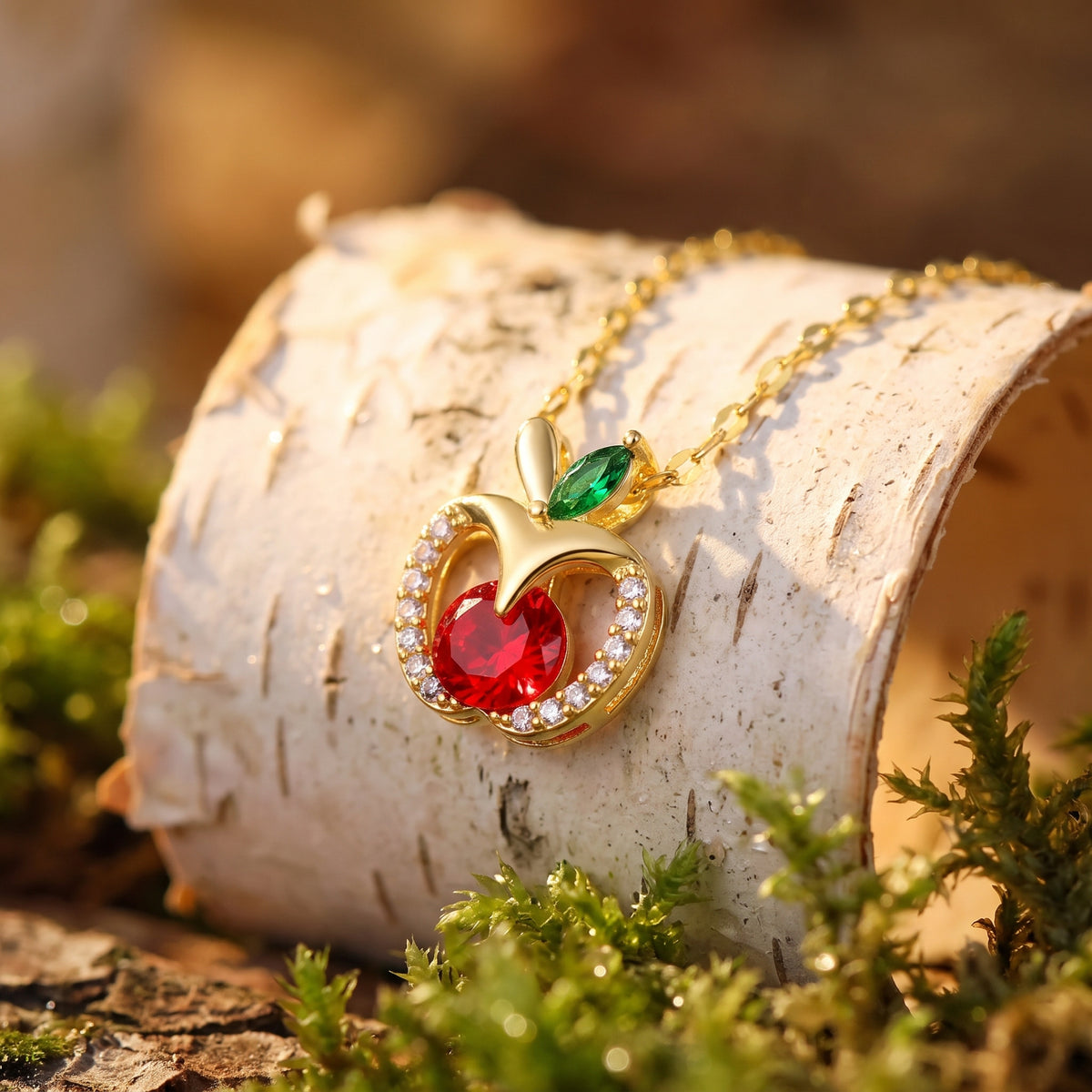 Close-up of the Golden Apple pendant with its red crystal and green leaf
