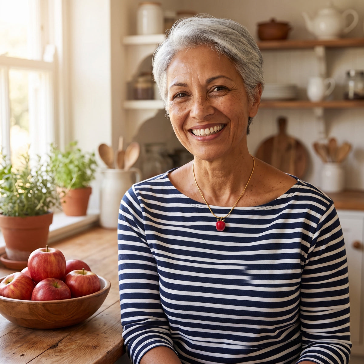 Smiling woman wearing the Snow White Candy Apple necklace