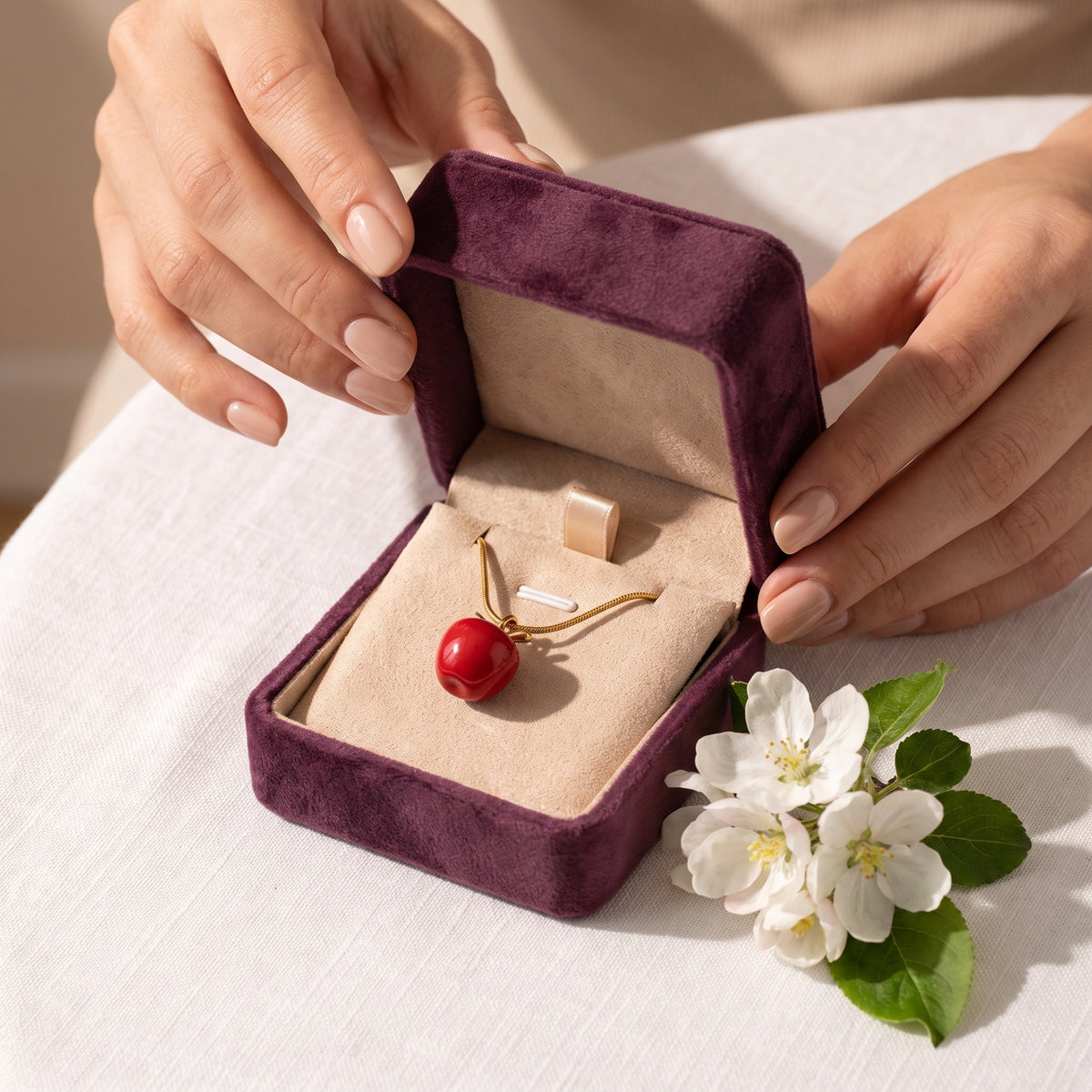 Hands opening the Storyelle gift box with the Candy Apple necklace