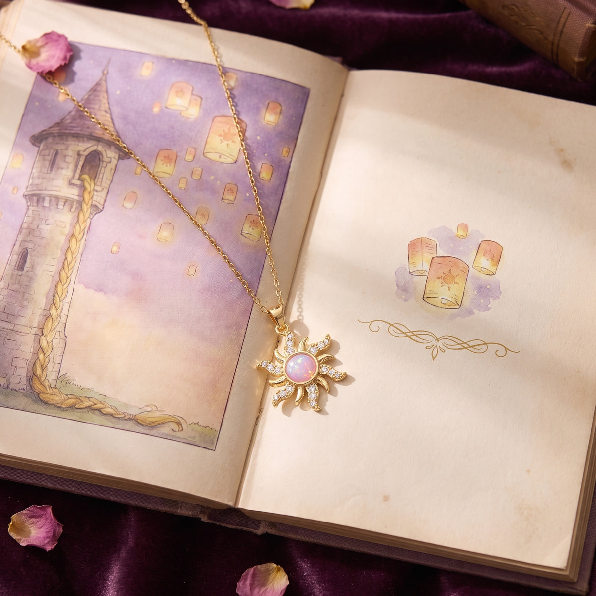 The Rapunzel Rose Opal sun necklace on an open fairytale storybook