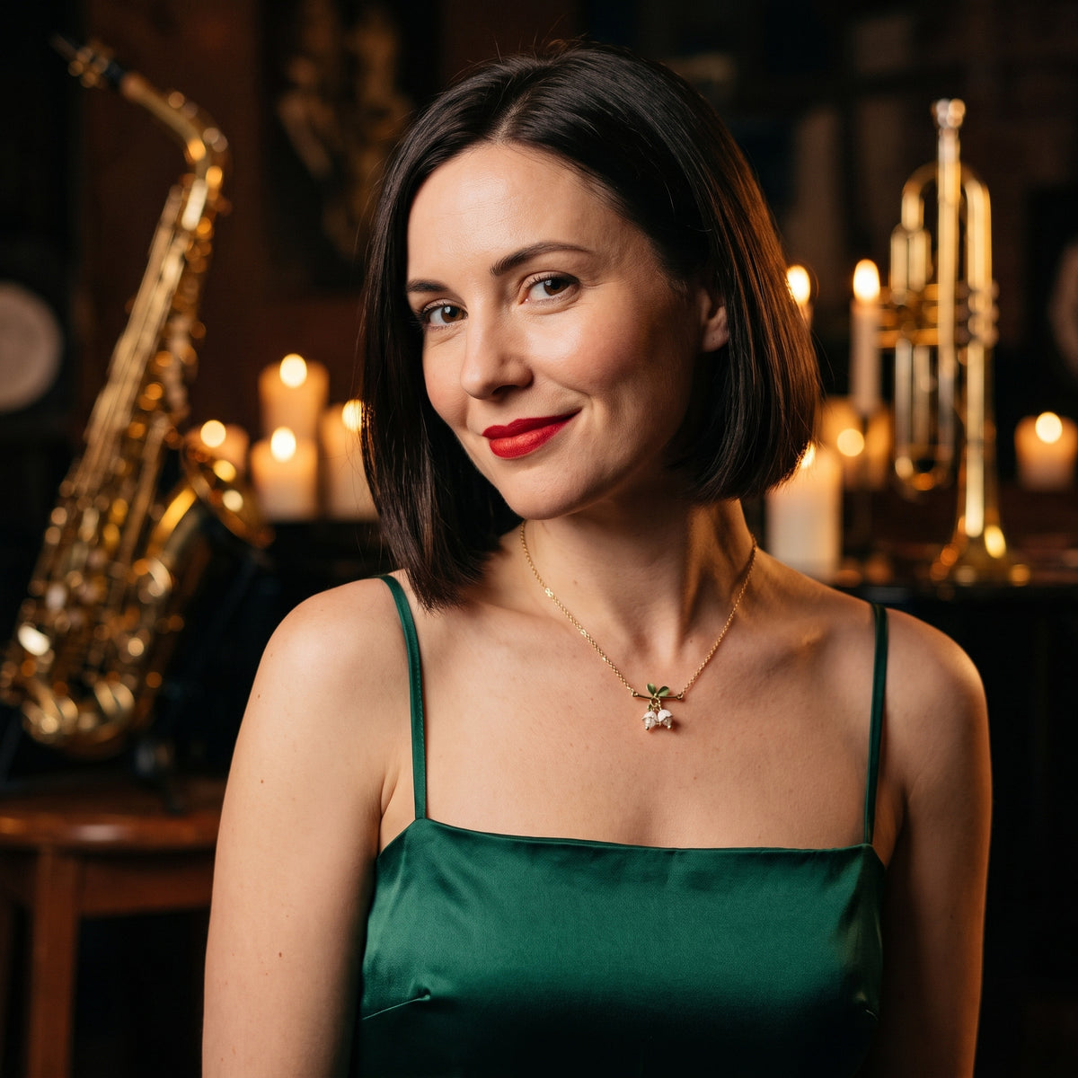 Woman in an emerald satin dress wearing the Golden Lily necklace