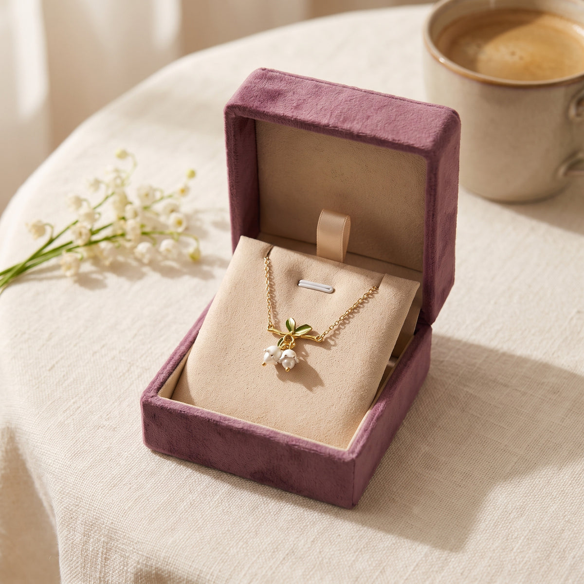The Golden Lily necklace in the Storyelle plum velvet gift box