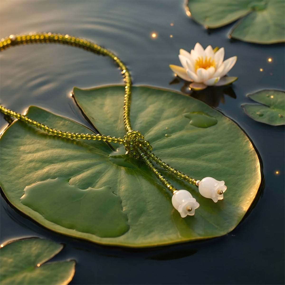 The Emerald Lily necklace on a lily pad floating on the bayou at dusk